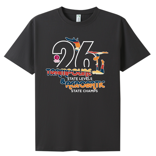 2026 GQ Trampoline & Acrobatic State Names T-Shirt - Charcoal